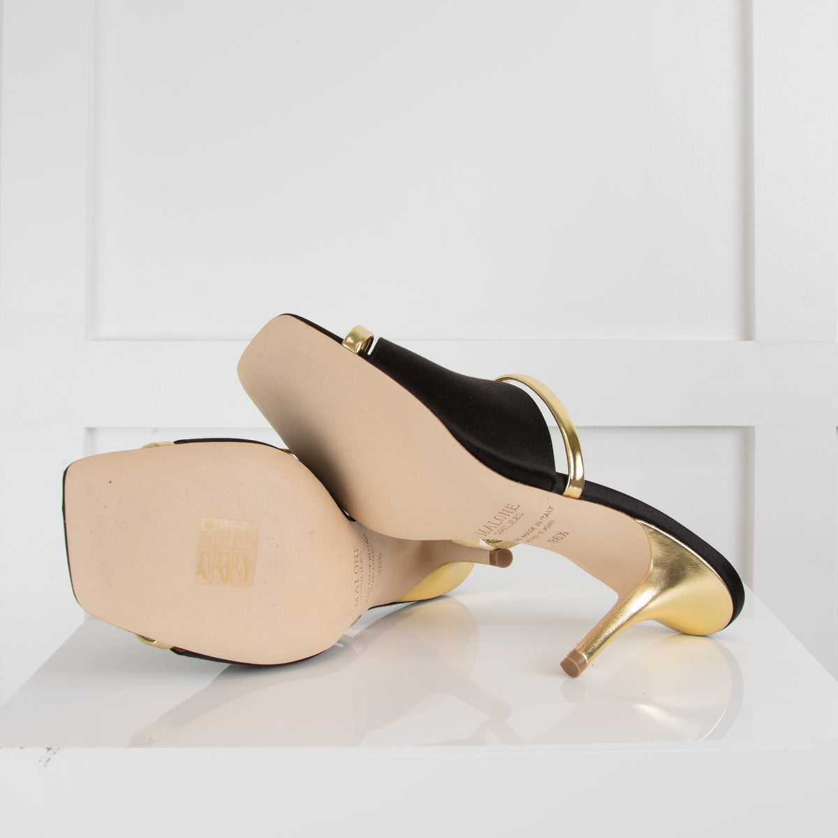 Malone Souliers Black Gold Fabric Square Toe Mules