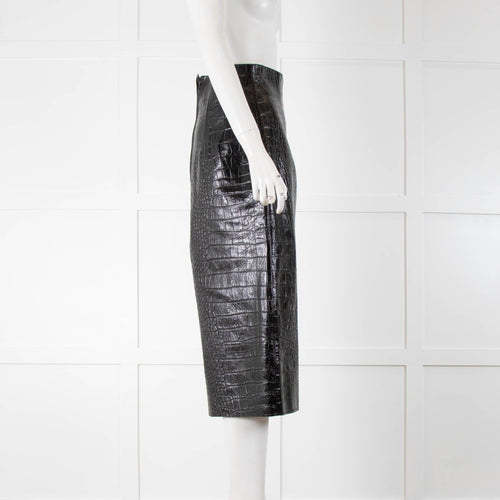 16Arlington Black Leather Croc Print Thigh Slit Midi Skirt