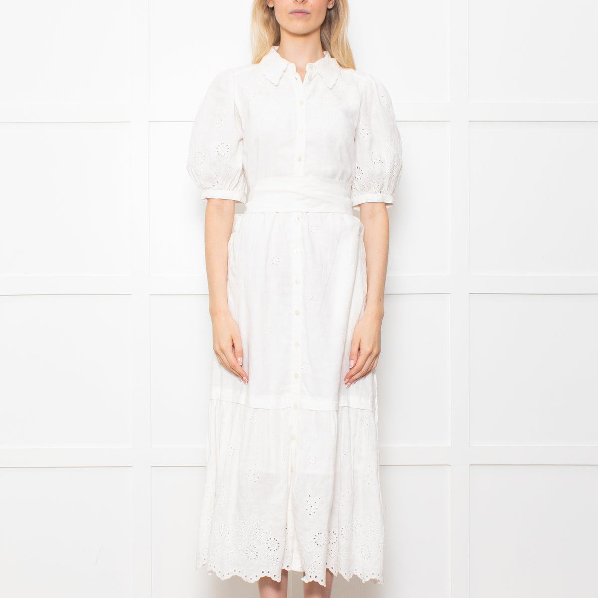 Me + Em White Linen Broderie Collared Dress