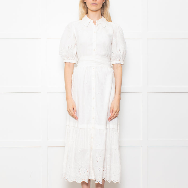 Me + Em White Linen Broderie Collared Dress