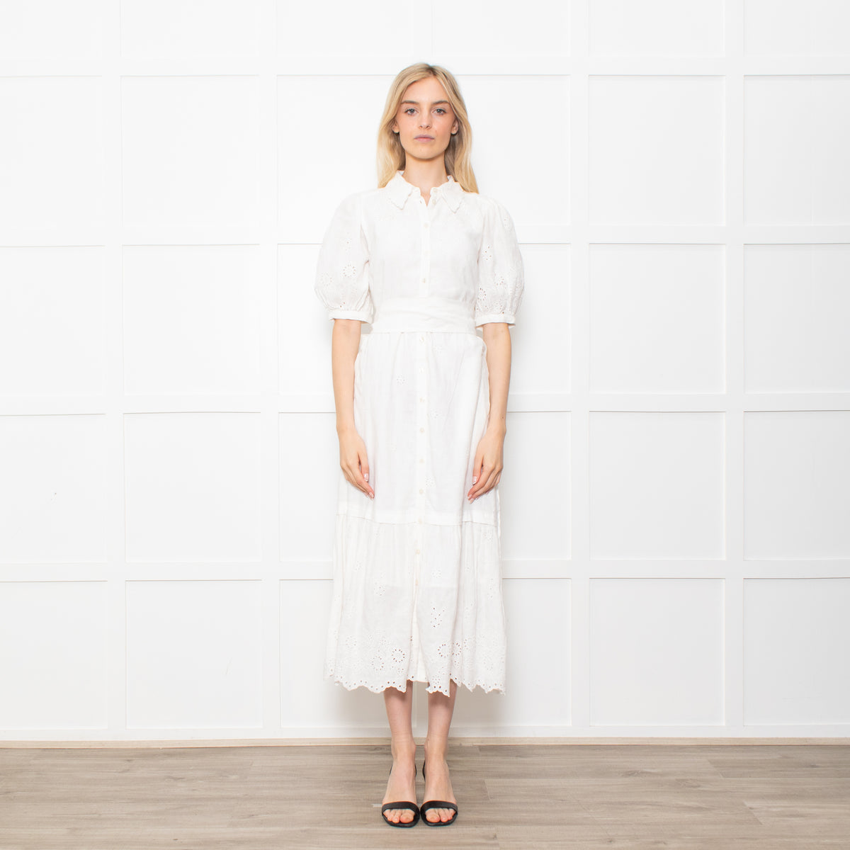 Me + Em White Linen Broderie Collared Dress