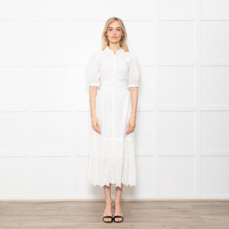 Me + Em White Linen Broderie Collared Dress