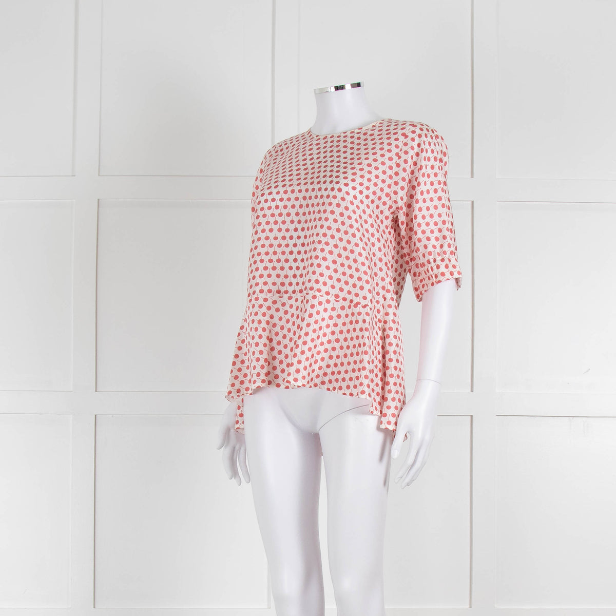 Odeeh White Silk Cherry Print 3/4 Length Sleeve Blouse