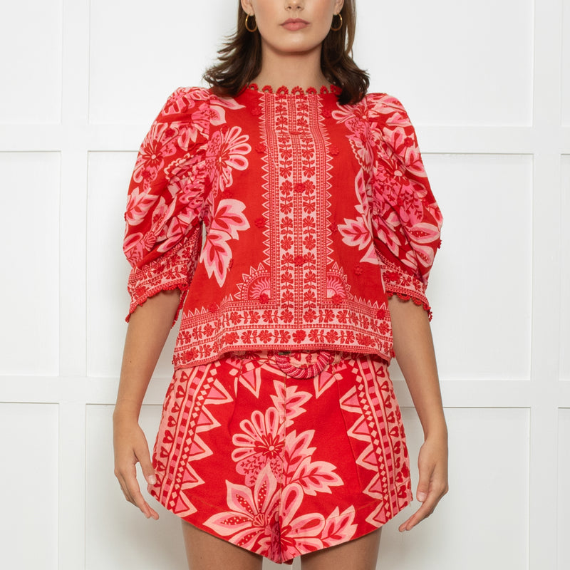 Farm Rio Red And Pink Big Flower Print Top
