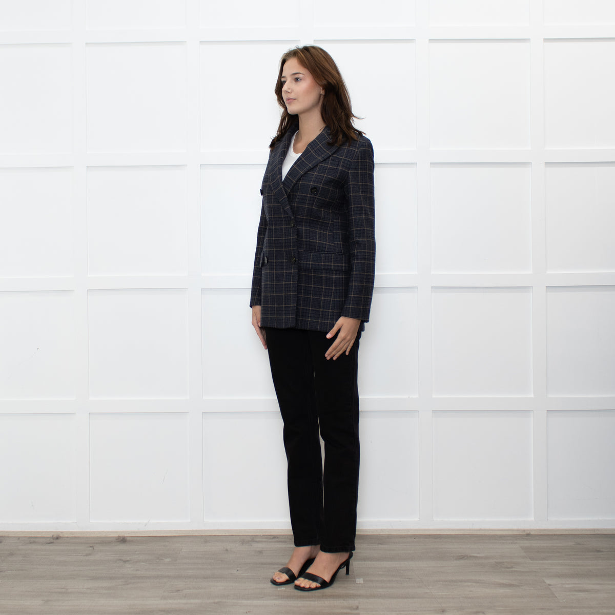 Weekend Max Mara Blue Beige Check Wool Blazer Jacket