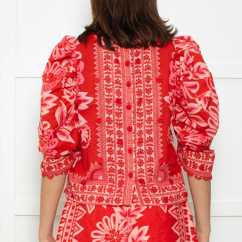 Farm Rio Red And Pink Big Flower Print Top