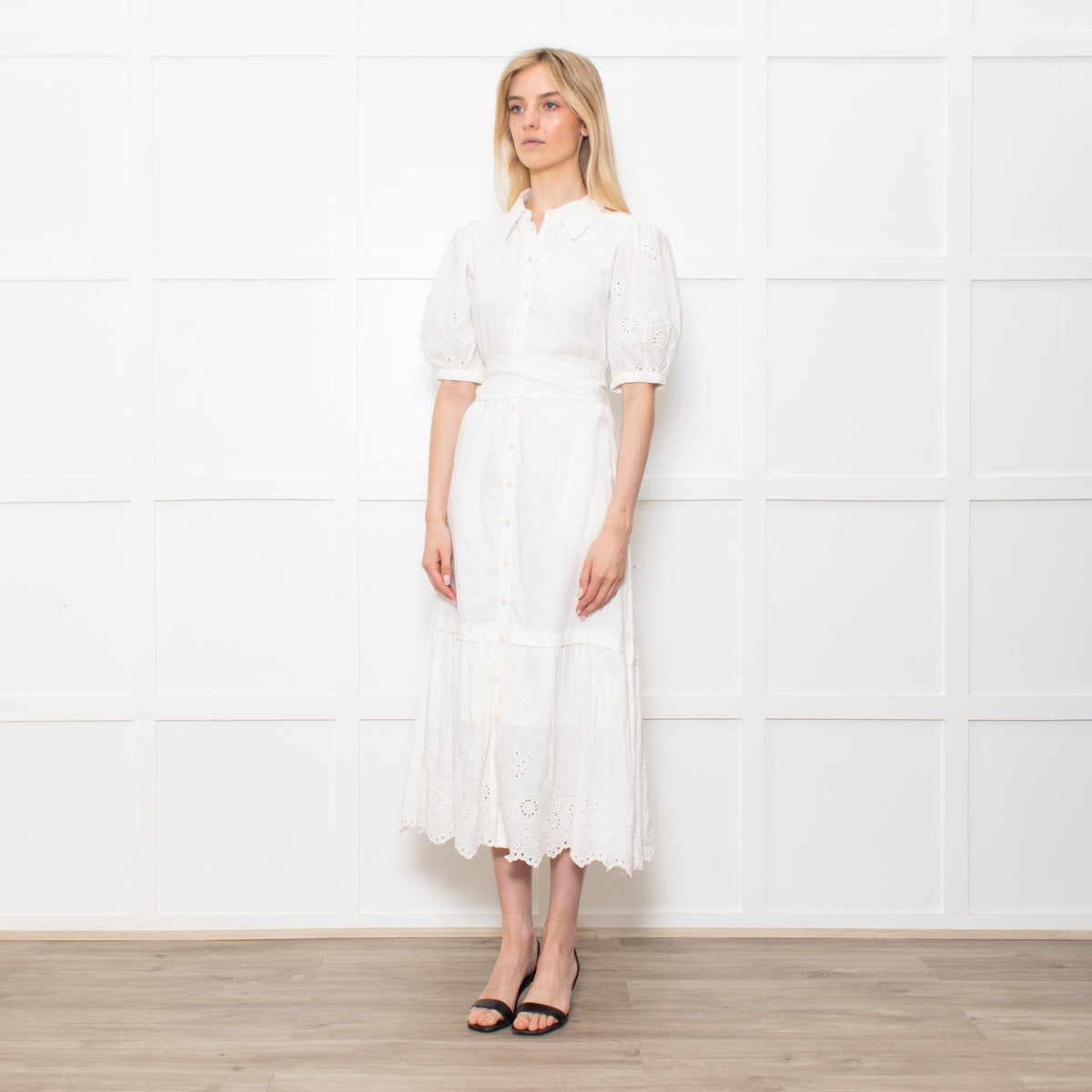 Me + Em White Linen Broderie Collared Dress