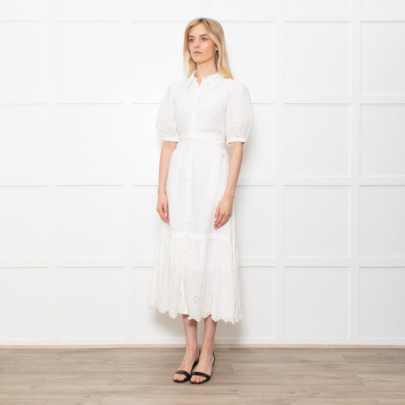 Me + Em White Linen Broderie Collared Dress