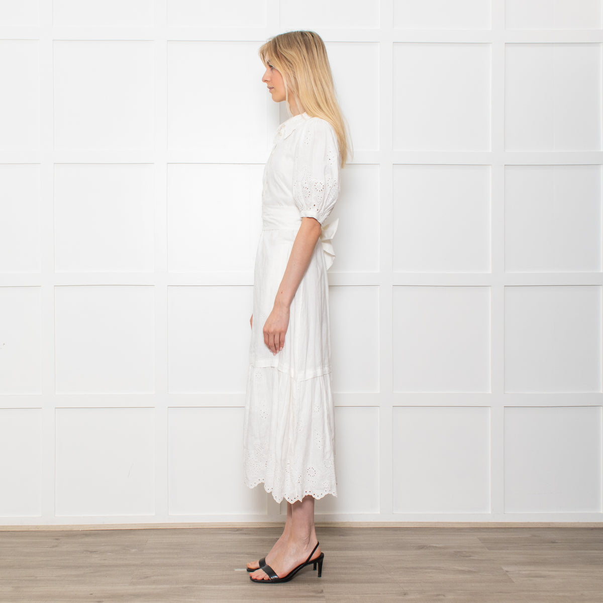 Me + Em White Linen Broderie Collared Dress