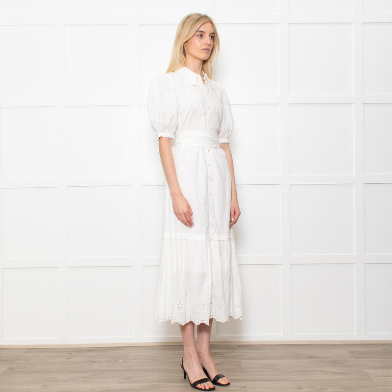 Me + Em White Linen Broderie Collared Dress
