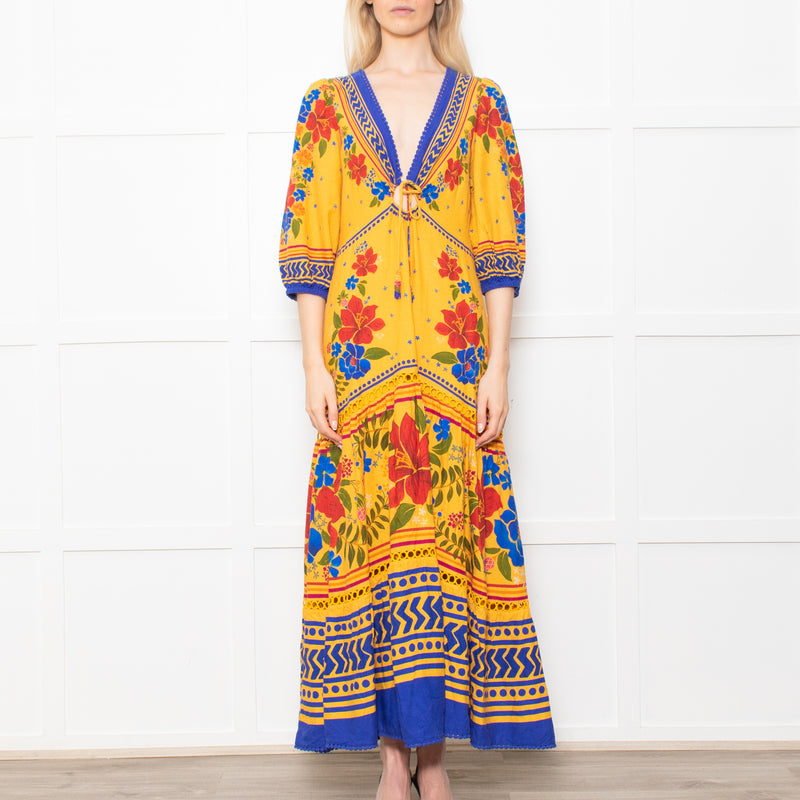 Farm Rio Yellow and Blue Floral Yard Lenzing Maxi Dress