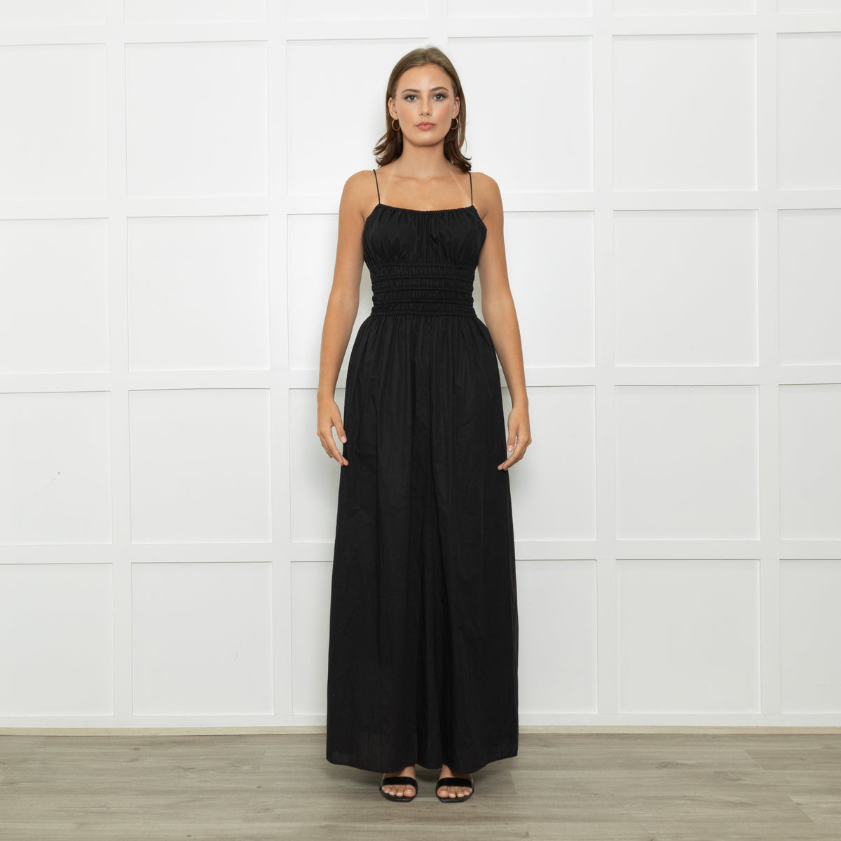 Faithfull The Brand Black Baia Cotton Shirred Waist Spaghetti Strap Maxi Dress