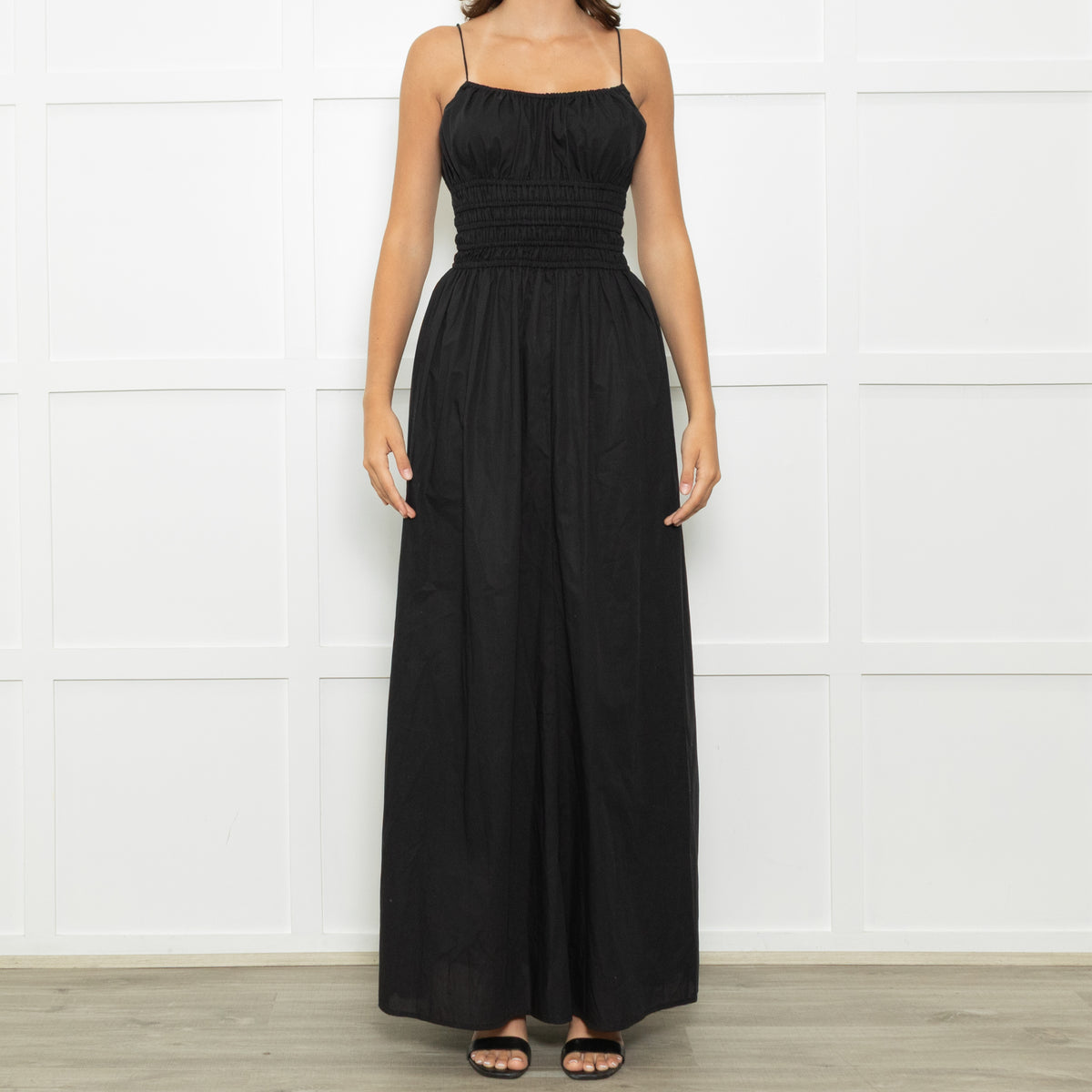 Faithfull The Brand Black Baia Cotton Shirred Waist Spaghetti Strap Maxi Dress