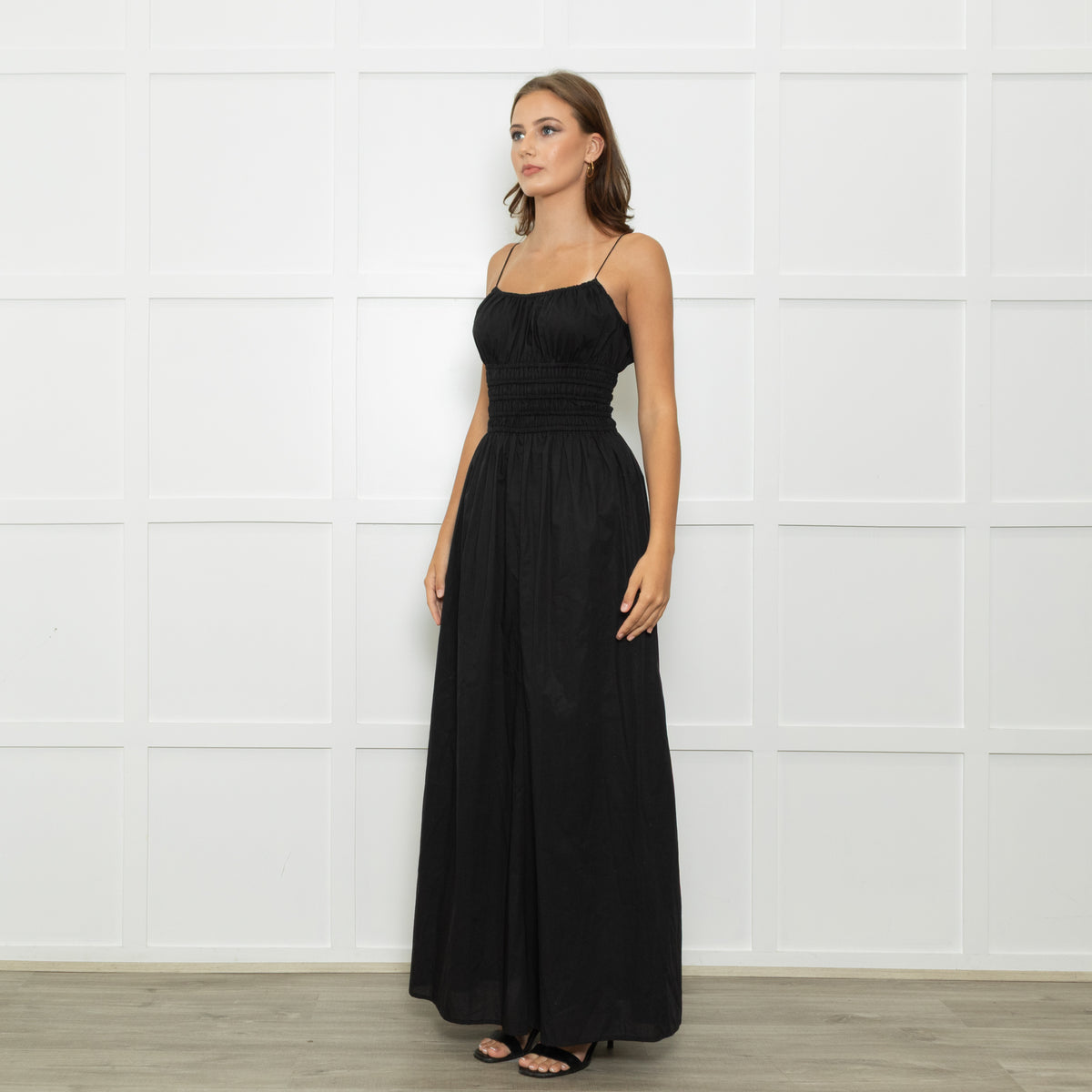 Faithfull The Brand Black Baia Cotton Shirred Waist Spaghetti Strap Maxi Dress