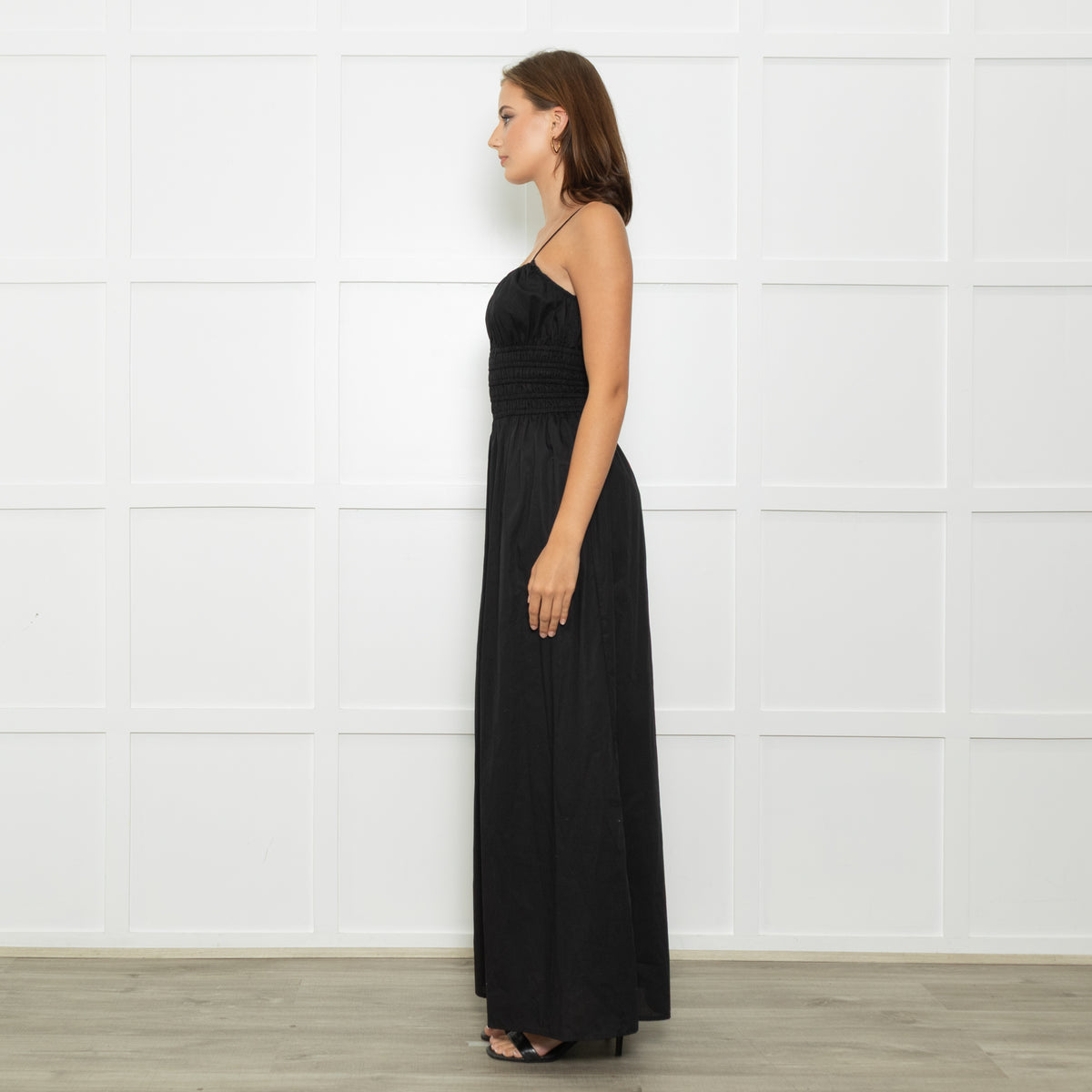 Faithfull The Brand Black Baia Cotton Shirred Waist Spaghetti Strap Maxi Dress