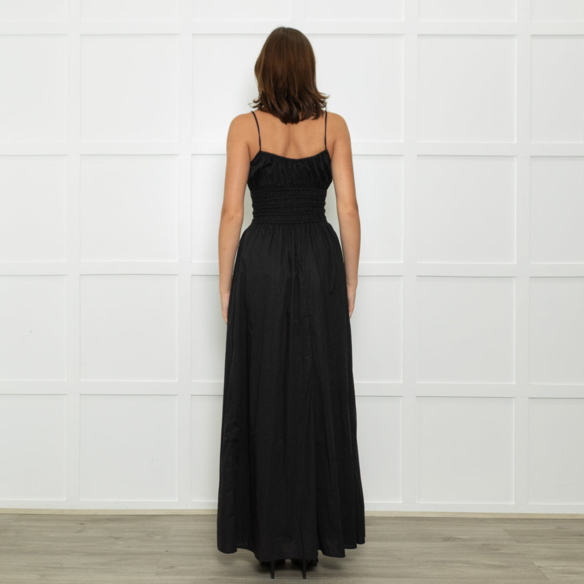 Faithfull The Brand Black Baia Cotton Shirred Waist Spaghetti Strap Maxi Dress