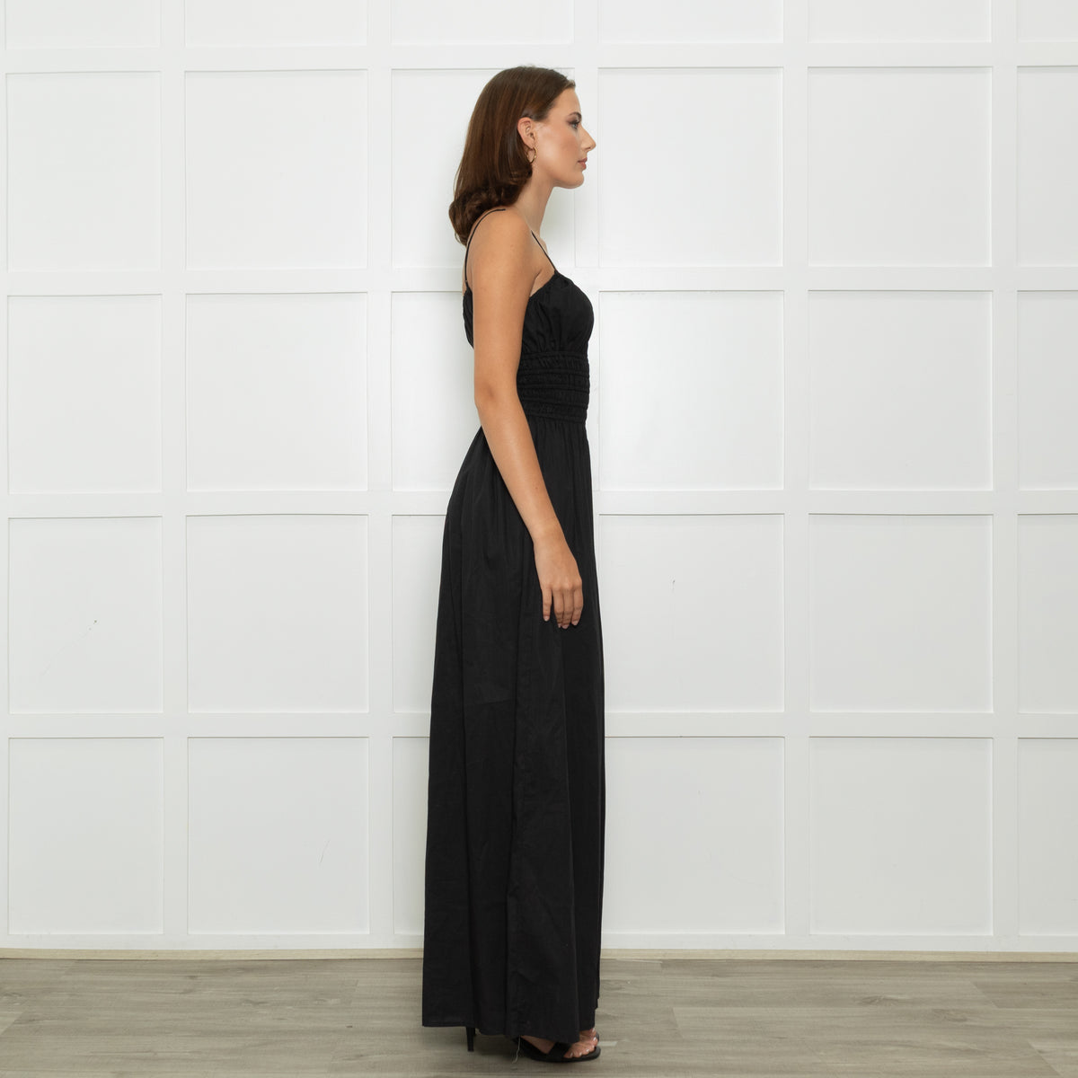 Faithfull The Brand Black Baia Cotton Shirred Waist Spaghetti Strap Maxi Dress