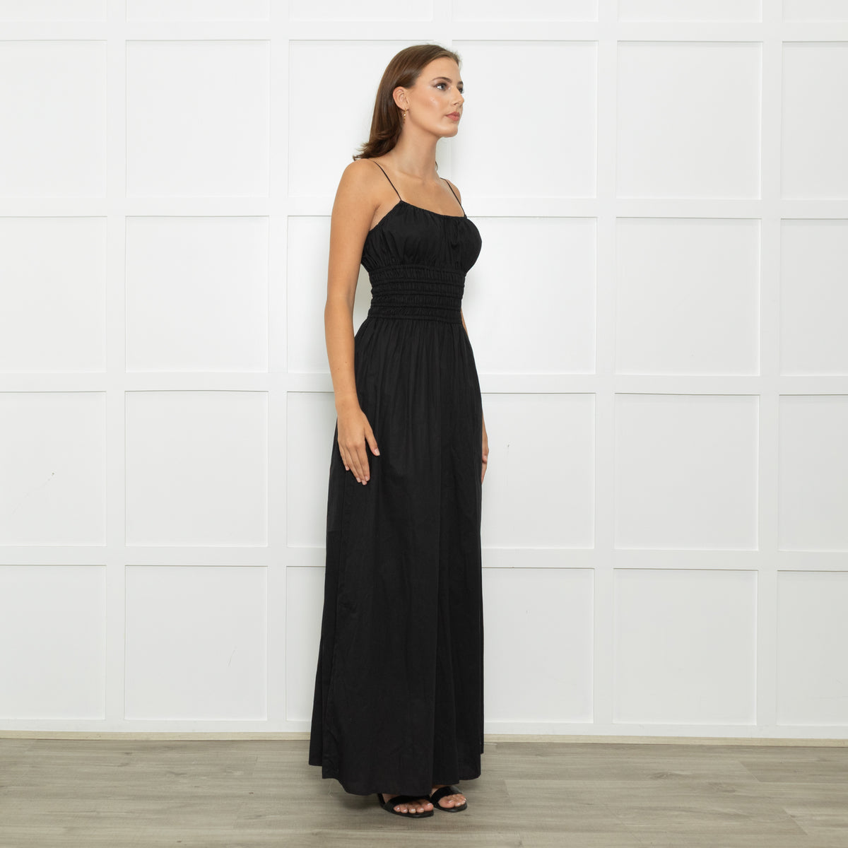 Faithfull The Brand Black Baia Cotton Shirred Waist Spaghetti Strap Maxi Dress