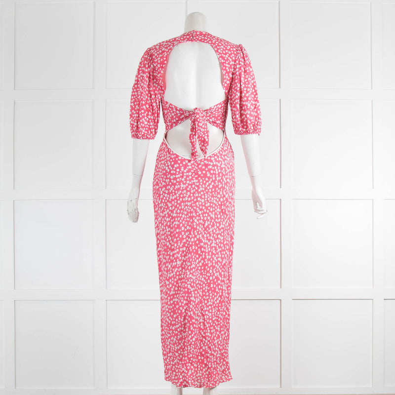 Rixo Pink/ White Flowers Open Back Maxi Dress