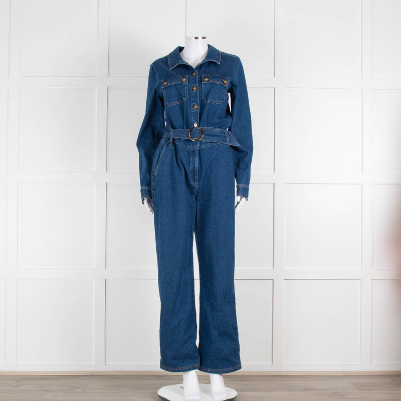 Sezane Dark Denim Long Sleeve Jumpsuit with Belt