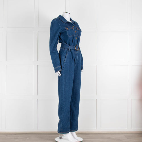 Sezane Dark Denim Long Sleeve Jumpsuit with Belt
