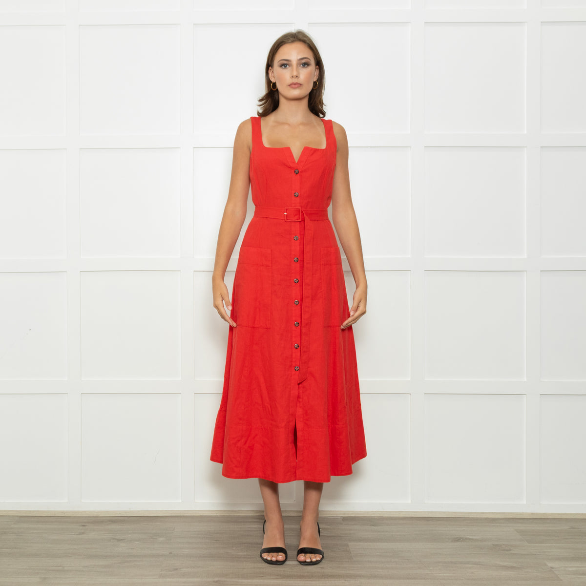 Saloni Red Button Up Sleeveless Belted Linen Blend Dress – Phoenix Style