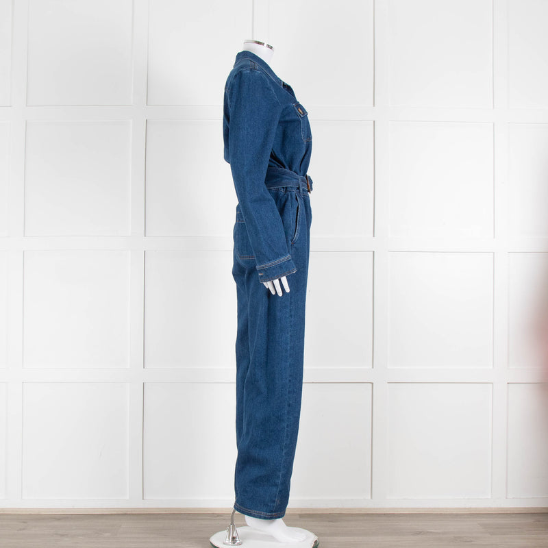 Sezane Dark Denim Long Sleeve Jumpsuit with Belt