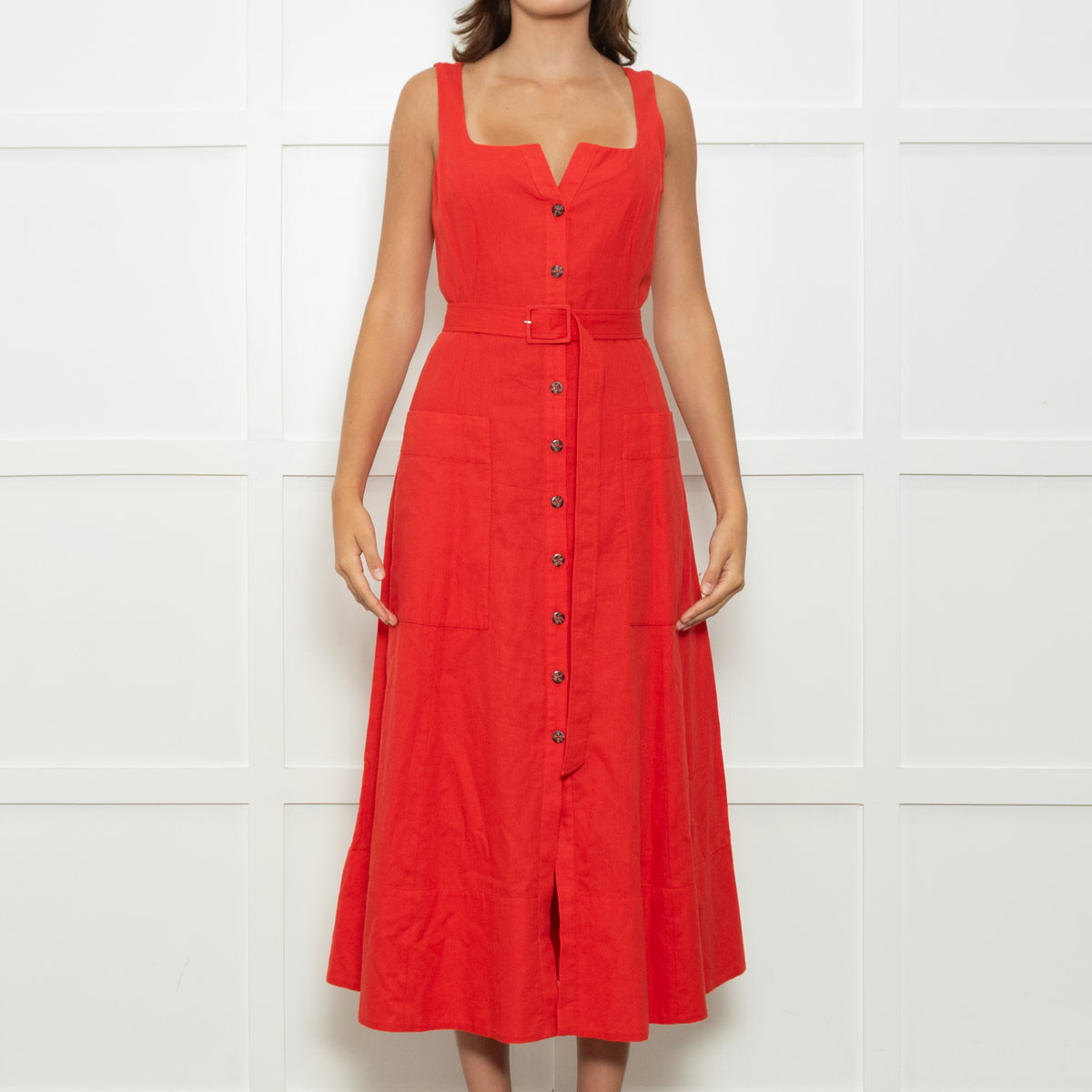 Saloni Red Button Up Sleeveless Belted Linen Blend Dress