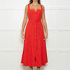 Saloni Red Button Up Sleeveless Belted Linen Blend Dress
