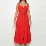 Saloni Red Button Up Sleeveless Belted Linen Blend Dress