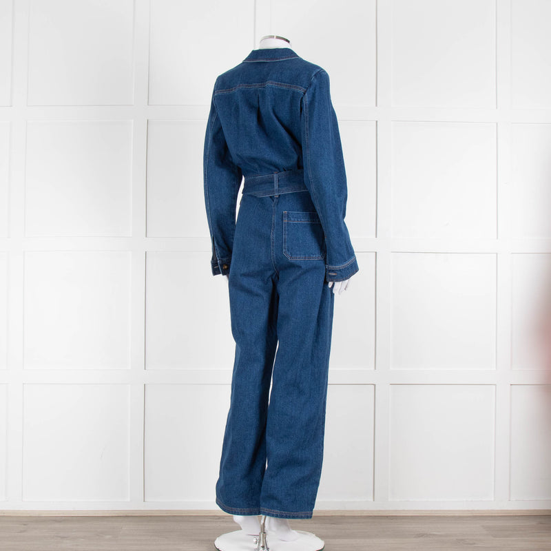 Sezane Dark Denim Long Sleeve Jumpsuit with Belt