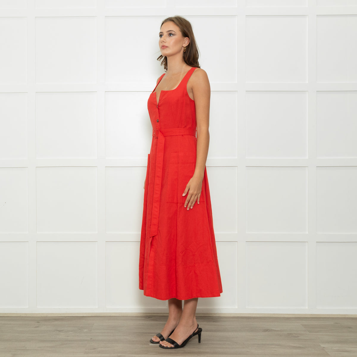 Saloni Red Button Up Sleeveless Belted Linen Blend Dress