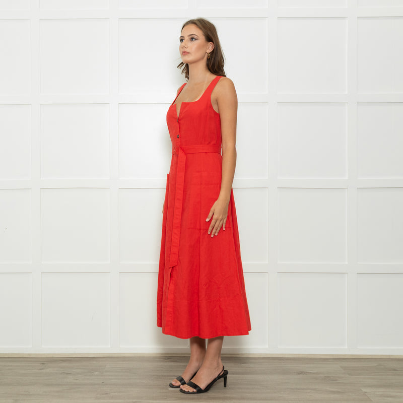 Saloni Red Button Up Sleeveless Belted Linen Blend Dress