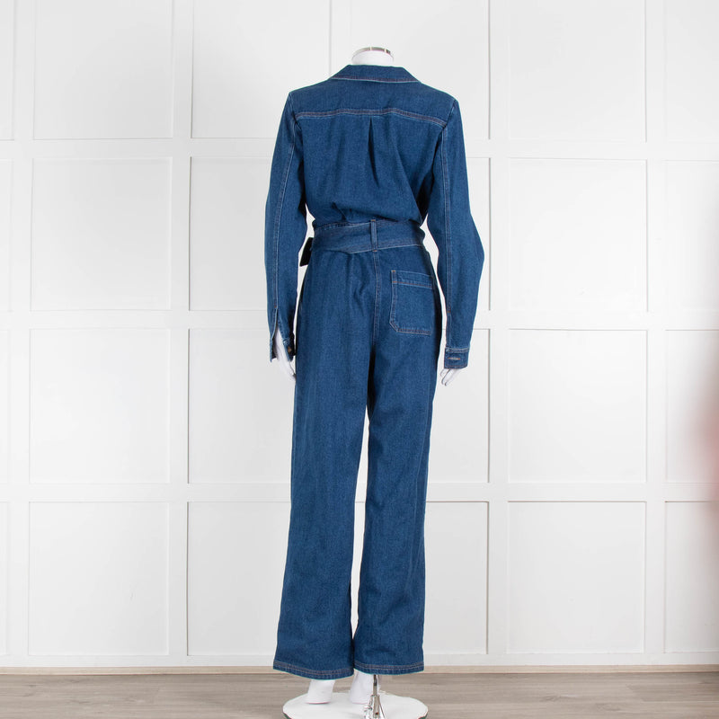 Sezane Dark Denim Long Sleeve Jumpsuit with Belt