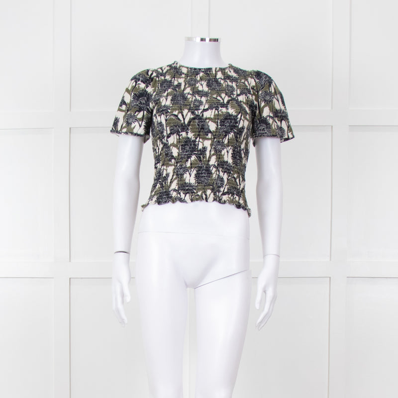 Me + Em Cream Green Black Floral Smocking Top