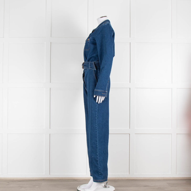 Sezane Dark Denim Long Sleeve Jumpsuit with Belt