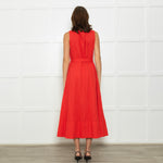 Saloni Red Button Up Sleeveless Belted Linen Blend Dress
