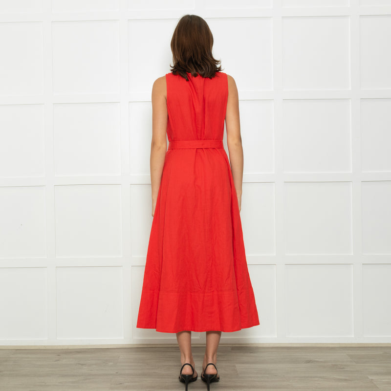 Saloni Red Button Up Sleeveless Belted Linen Blend Dress