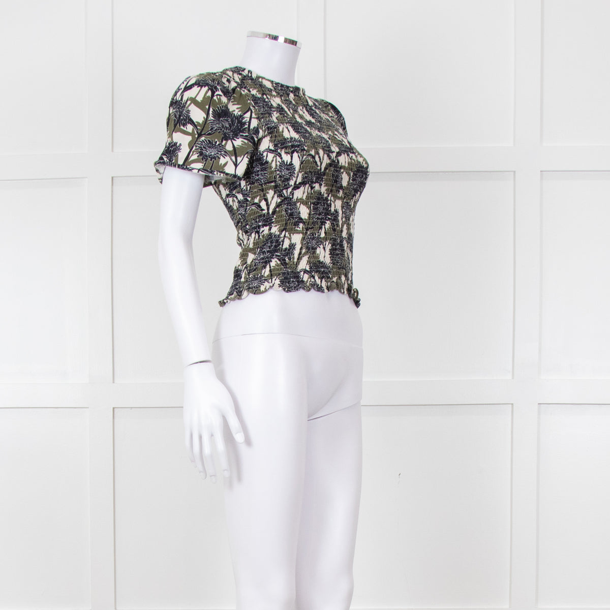 Me + Em Cream Green Black Floral Smocking Top