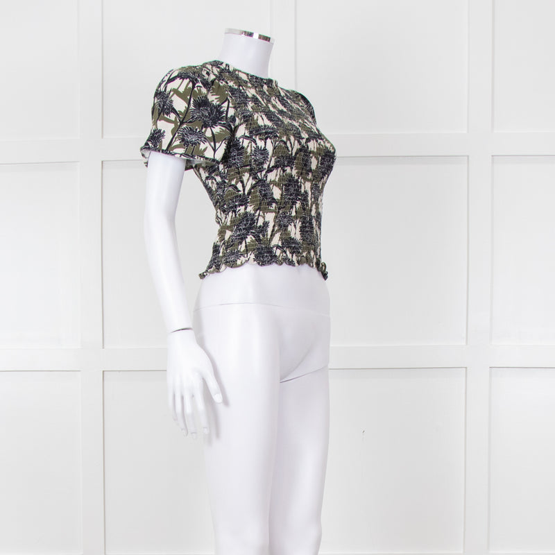 Me + Em Cream Green Black Floral Smocking Top