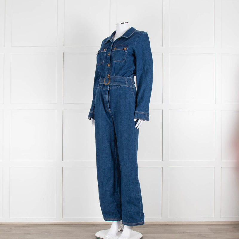 Sezane Dark Denim Long Sleeve Jumpsuit with Belt