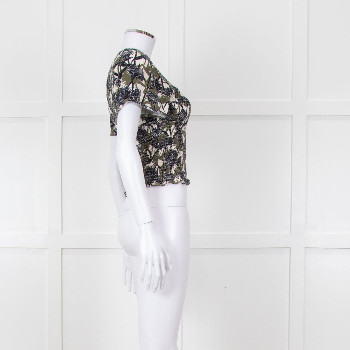 Me + Em Cream Green Black Floral Smocking Top