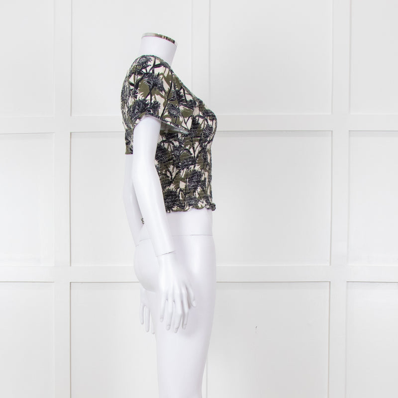 Me + Em Cream Green Black Floral Smocking Top