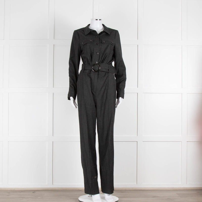 Sezane Grey Belted Waist Jumpsuit with Collar