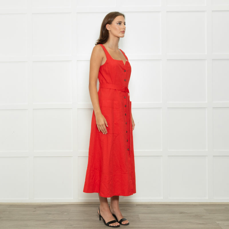 Saloni Red Button Up Sleeveless Belted Linen Blend Dress