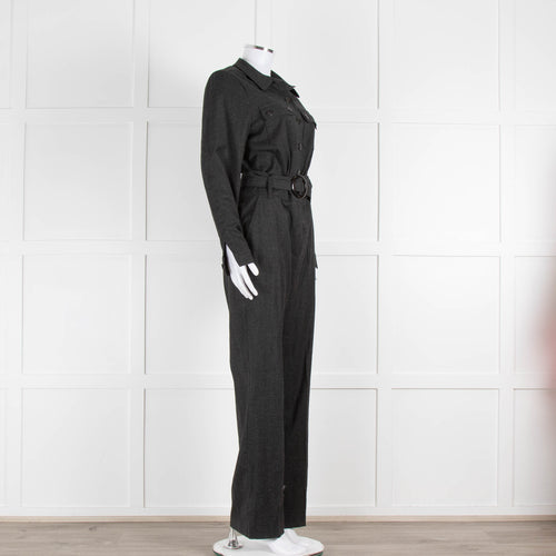 Sezane Grey Belted Waist Jumpsuit with Collar