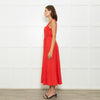 Saloni Red Button Up Sleeveless Belted Linen Blend Dress