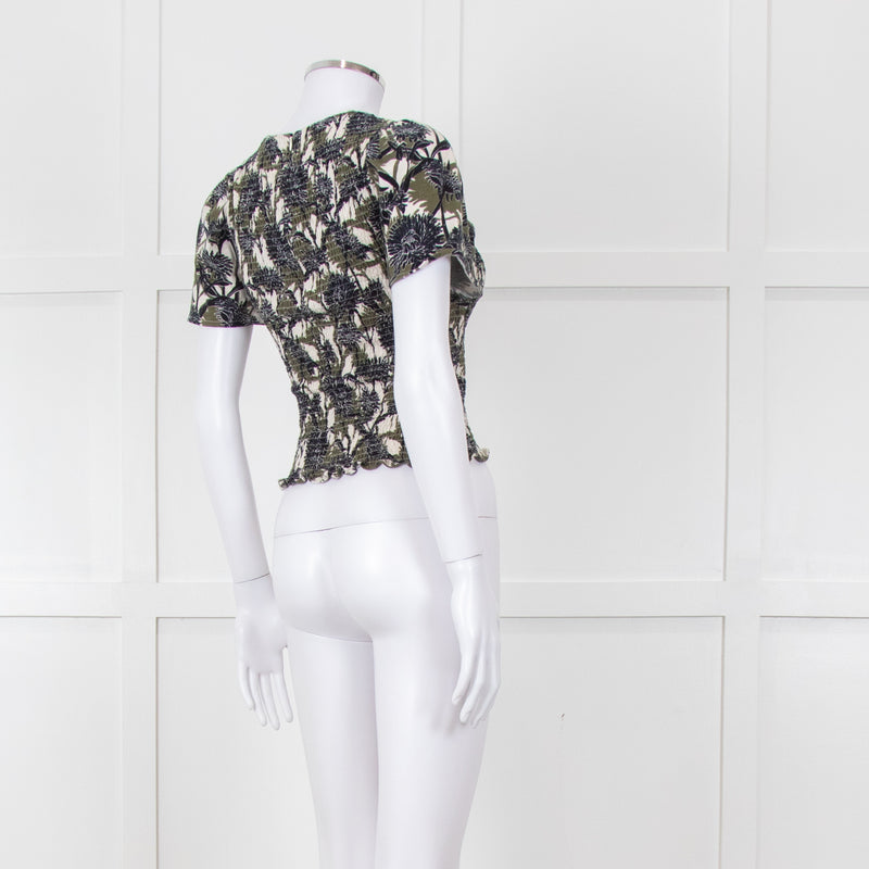 Me + Em Cream Green Black Floral Smocking Top