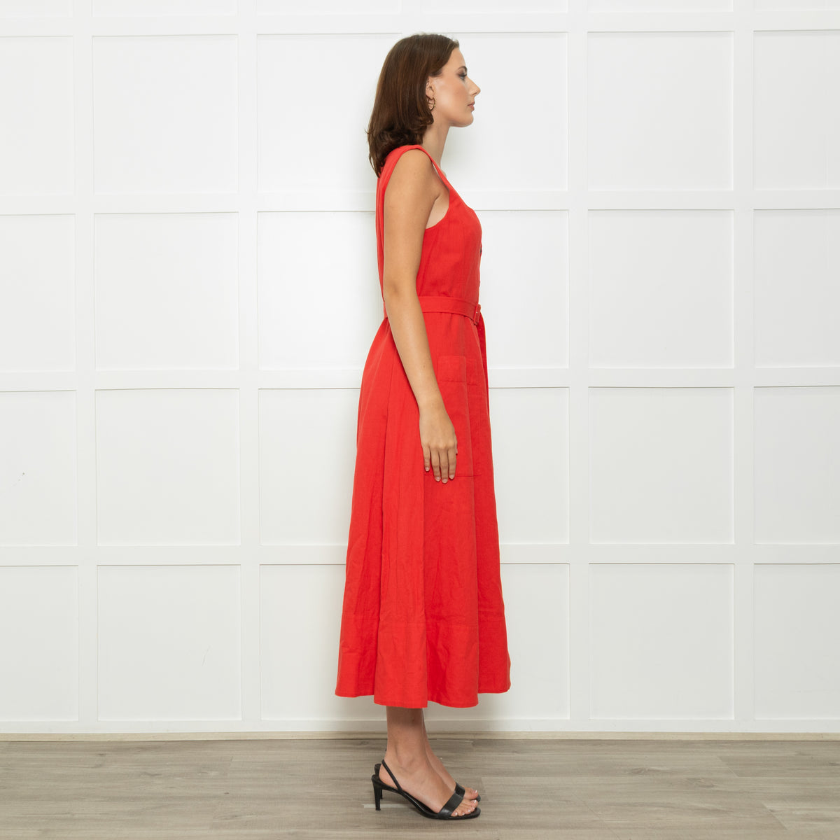 Saloni Red Button Up Sleeveless Belted Linen Blend Dress