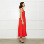 Saloni Red Button Up Sleeveless Belted Linen Blend Dress